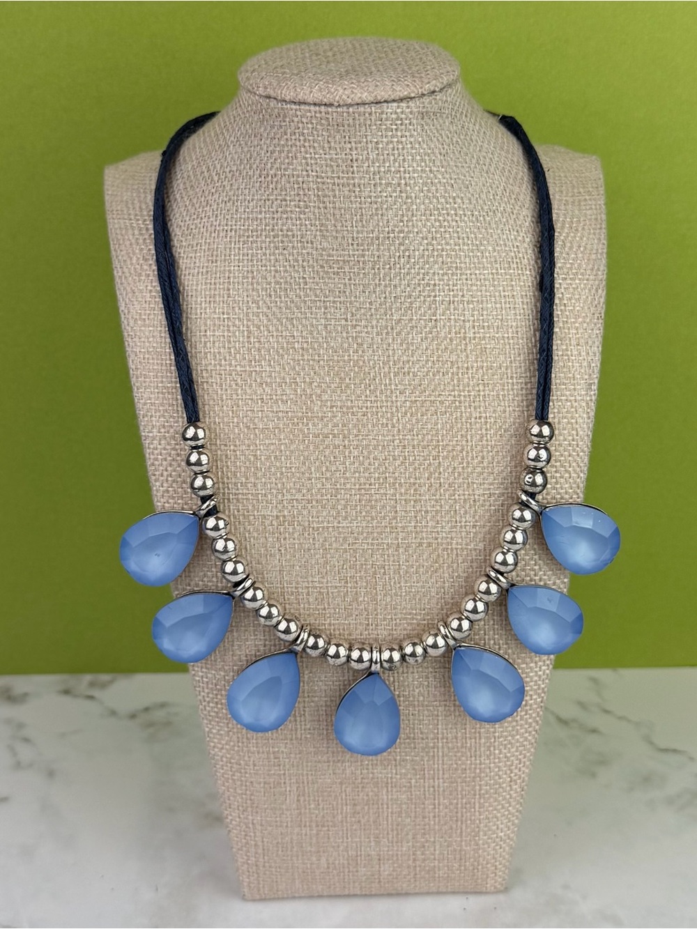 Boho Chic Sea Blue Teardrop Cord Necklace | Silver Beaded